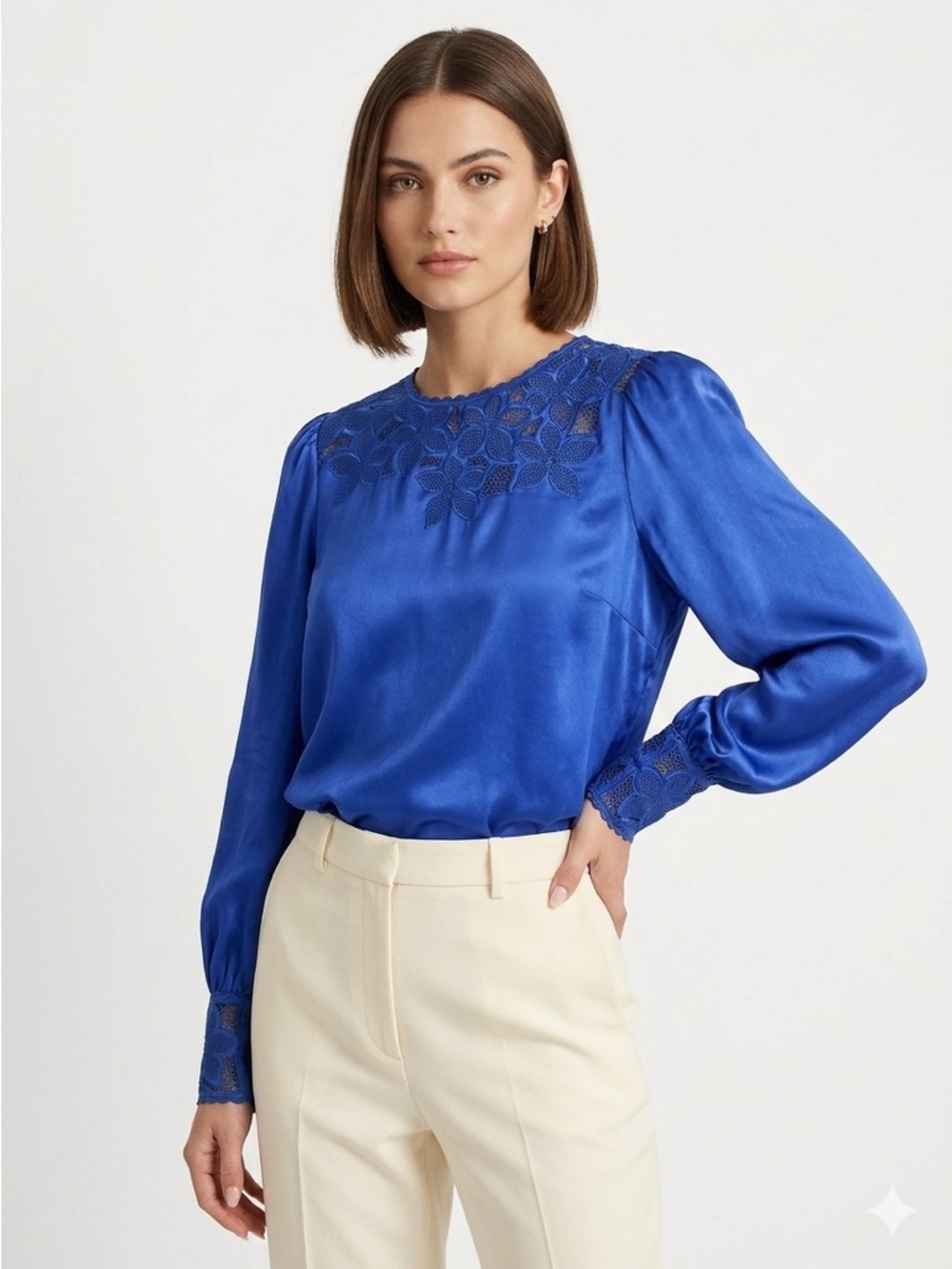 Hanae Mori Vintage Bishop Sleeve Floral Cut Out Satin Blouse Cobalt Blue M